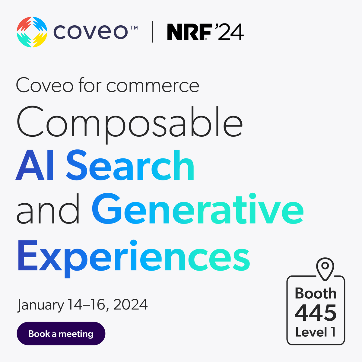 NRF is a couple of weeks away! 

If you're attending, stop by the Coveo booth to discover how you can deliver connected and individualized shopping journeys with Coveo's AI platform. 

⏩ Book a meeting: lnkd.in/dDp48Tyx

#NRF2024 #Ecommerce #RetailInnovation #RetailTech