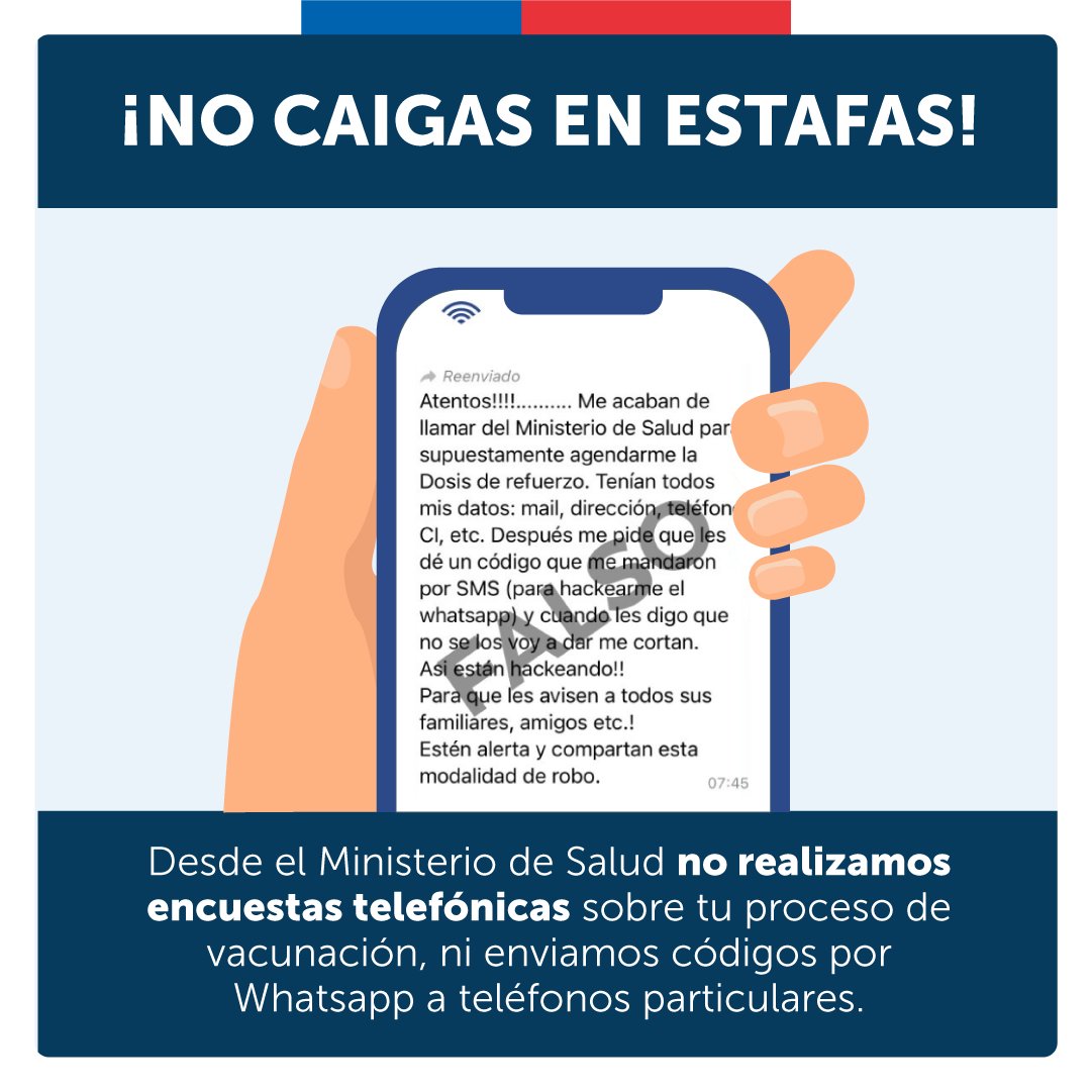 🚫El Ministerio de Salud y los establecimientos de salud NO realizan llamadas solicitando información personal o un código de WhatsApp.

Si recibes algún llamado similar NO entregues ningún código porque es parte de una estafa 📵