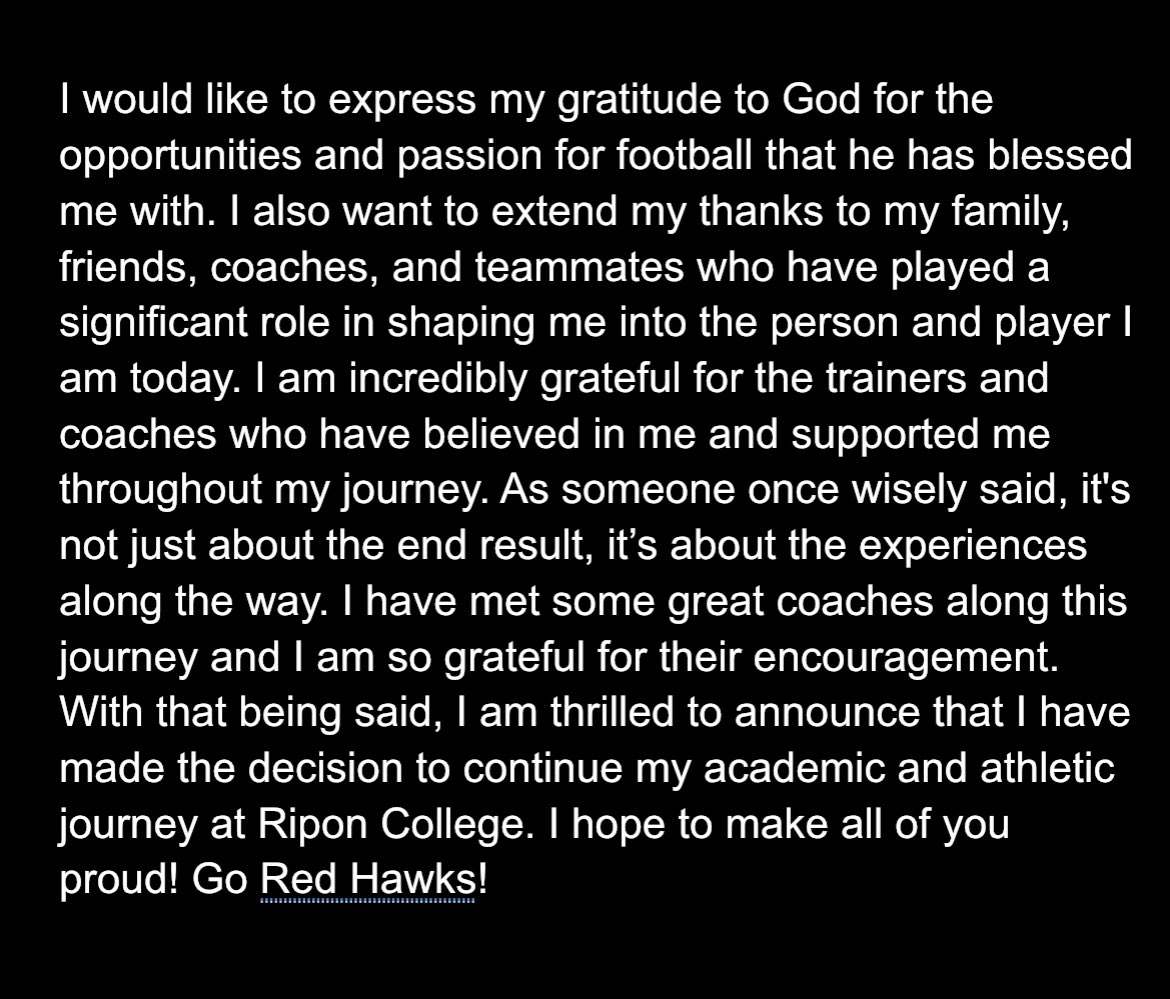 110% committed! So grateful for the opportunity, I’m ready to get to work! #committed #BeRed @RiponRedHawkFB @coach_hepp @Jmar56 @coach_rc