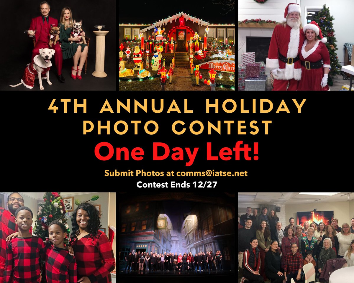 One day left to submit your photos for the IATSE Holiday Photo contest! 1. Submit photos showing off your festive home, union hall, outdoor decorations, or holiday-related production photos. All holiday-crew shots are welcome to enter the contest. 2. Send to: comms@iatse.net