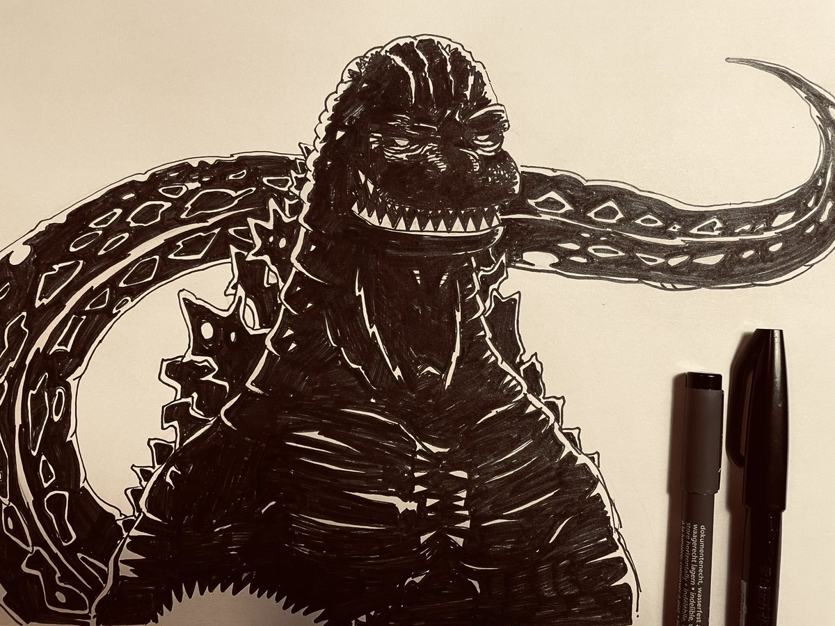NilsKoster's tweet image. Tried to do some silhouette style zilla. Sure uses a lot of ink though. I’d really like to refine this technique. Any artist recommendations?