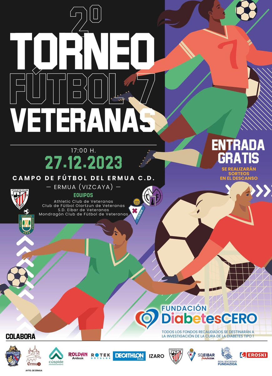 🔛 Our women’s veterans team will play a seven-a-side tournament tomorrow with @AthleticClubFem, @OiartzunKE_ and @MondragonCF to raise money for @diabetes_CERO. 🗒️It’ll start at 17:00 CET at Ermua CD’s ground and will be free. #BetiArmaginak