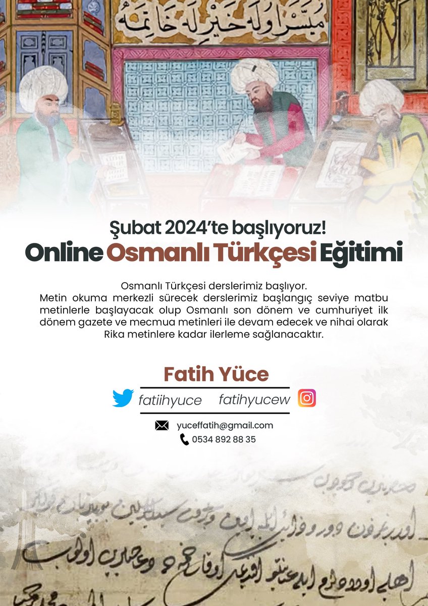 fatiihyuce's tweet photo. Selâmun Aleyküm kıymetli dostlar,

Şubat ayında başlayacağımız Osmanlı Türkçesi Eğitimi’miz için kayıtlarımız başladı. 
Kontenjanımız sınırlı olacaktır.
Detaylı bilgi için; 0534 892 88 35 numaralı WhatsaApp hattından iletişime geçebilirsiniz. 🌹 https://t.co/Fyv2BDq1oh