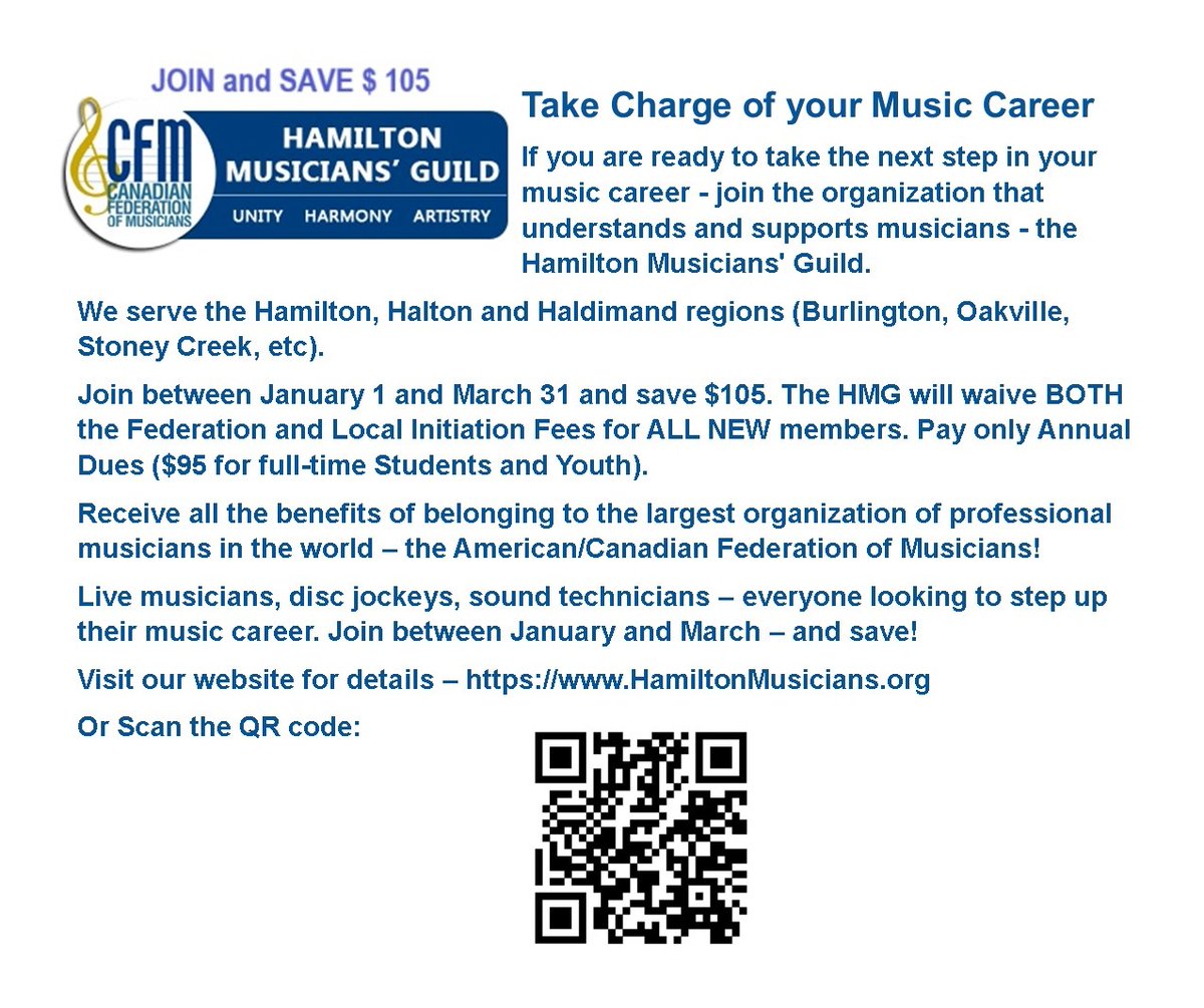 guild_musicians's tweet photo. Join the HMG between January 1 and March 31, 2024 for great savings. The HMG will waive both the Federation Initiation Fee ($ 65) and the Local Initiation Fee ($40) for ALL NEW members. Pay only Annual Dues ($95 for full-time Students and Youth / $ 180 for Regular Members). https://t.co/TetYiCw5jE