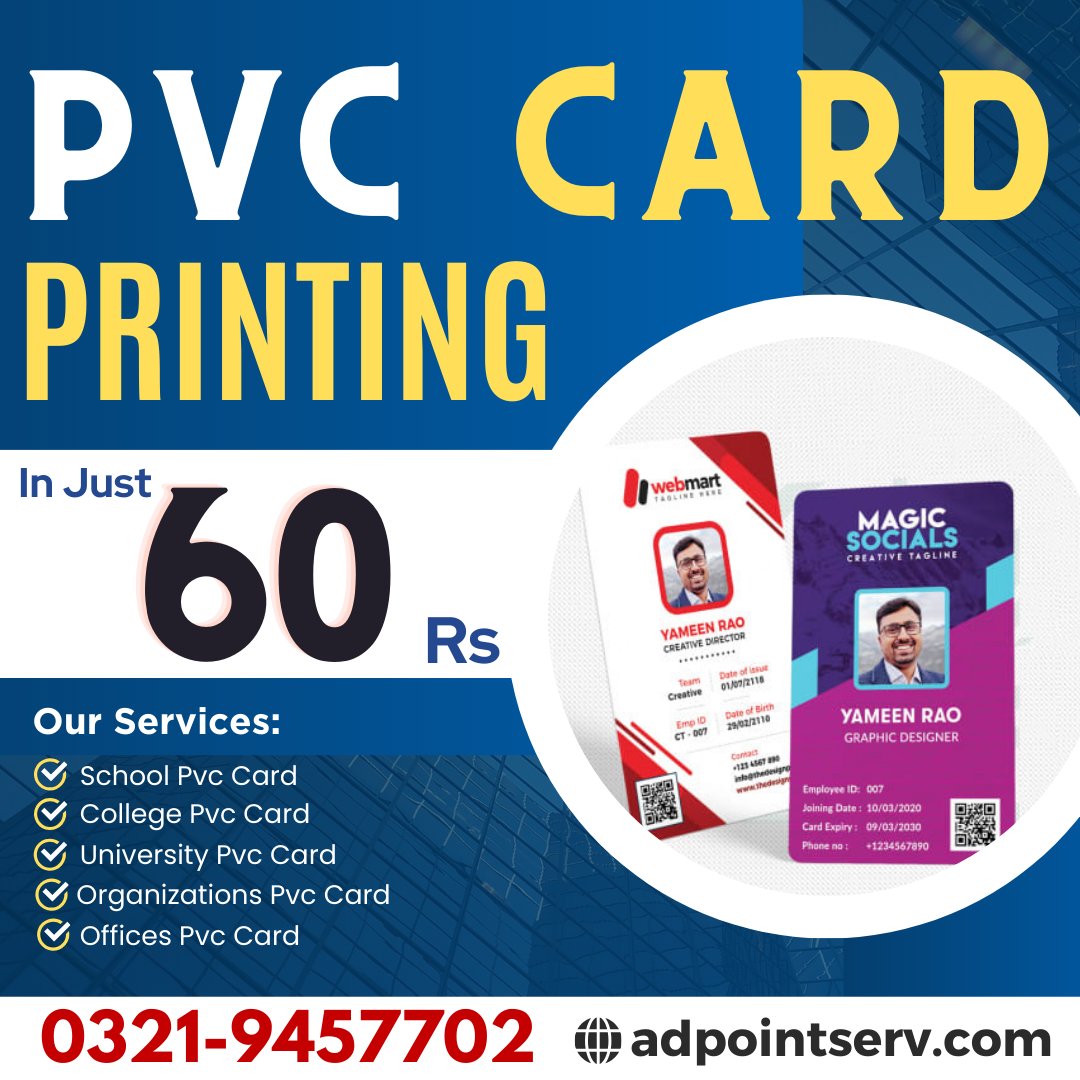 Best PVC Cards Printing Service in Pakistan
We Offer PVC Cards Printing For all Schools,Colleges Universities, Offices & Organizations.
Call us at 0321-9457702
#pvc #PVCIDPrinting #pvccard #printingservices #schoolpvc  #collegepvc #universitypvc #pvcidcard #shirtprinting