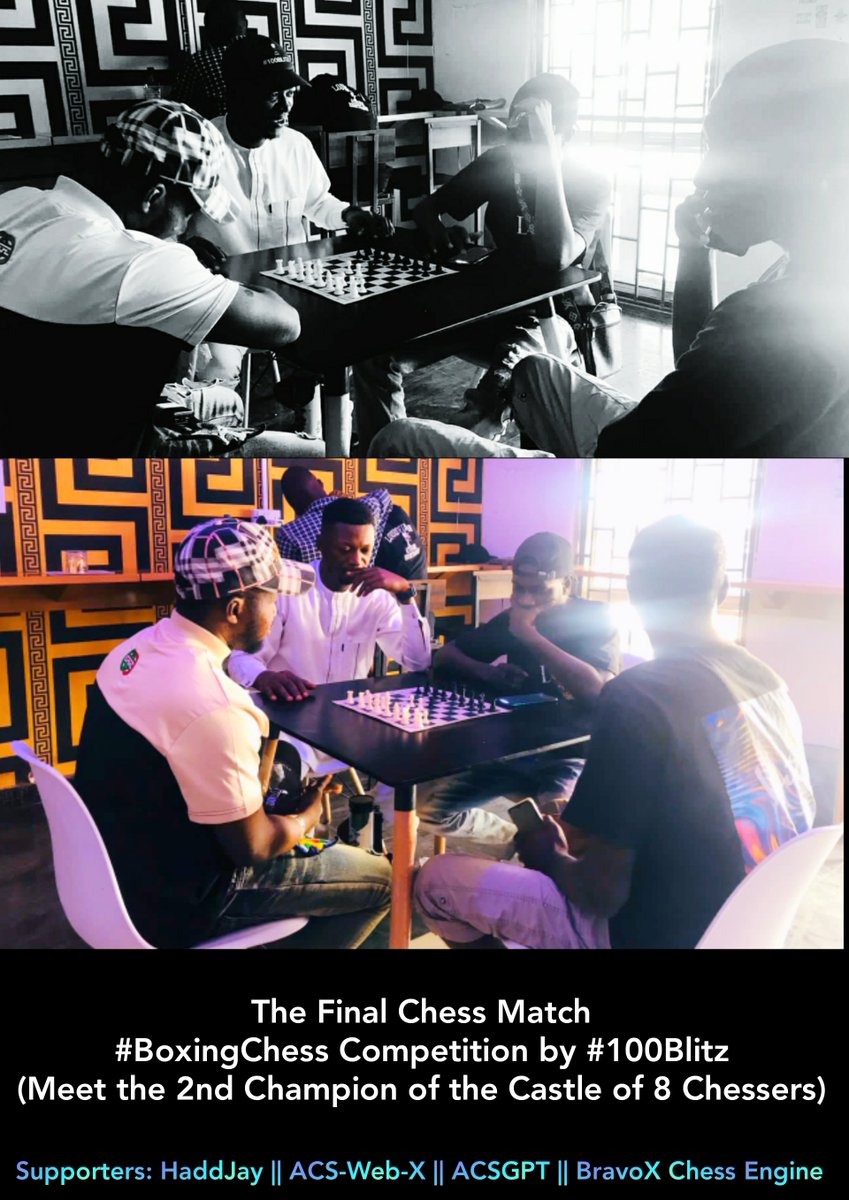 jawolusy's tweet photo. FINAL MATCH:
The 2023 #BoxingChess Competition by #100Blitz Chess Club.
(Meet the 2nd Champion of the Castle of 8 Chessers).
Supported By:
#HaddJay || ACS-Web-X || #ACSGPT || #BravoX Chess Engine.
TrailBlazer: Jawolusi Oluwaseun https://t.co/do9sHjyKv1