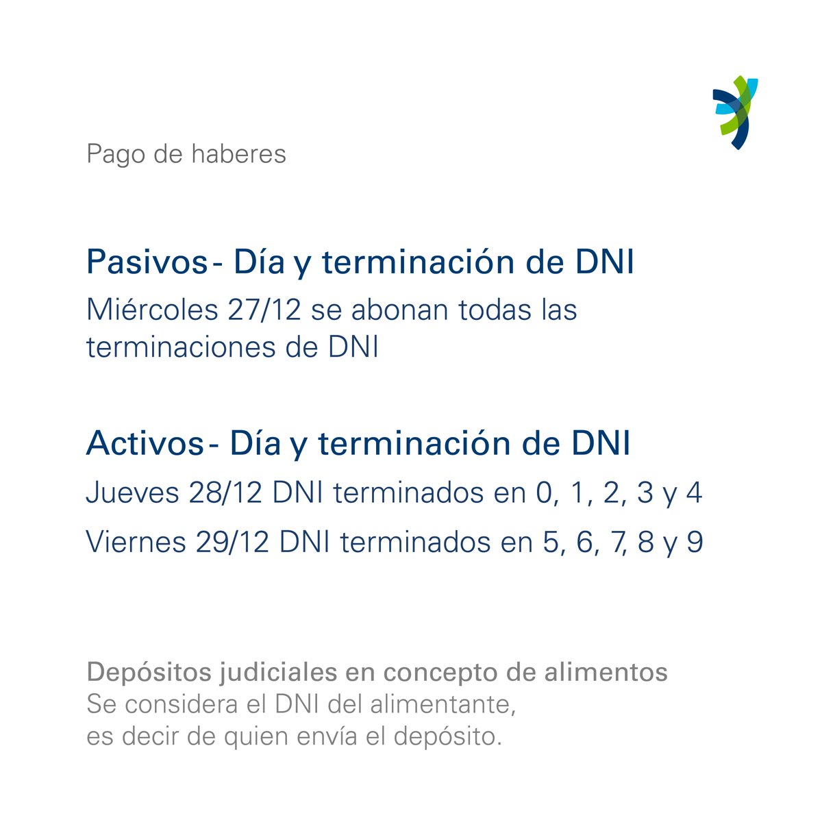 Conocé día a día cuándo cobrás según tu DNI. 
Evitá retrasos, recordá mantener los fondos en tu caja de ahorro para el débito automático de tus préstamos y tarjetas de crédito que serán debitados a fin de mes.

#haberes  #sueldo  #cobros #pagos #bancoformosa #confianzaparatuvida