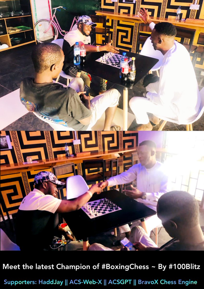 jawolusy's tweet photo. FINAL MATCH:
The 2023 #BoxingChess Competition by #100Blitz Chess Club.
(Meet the 2nd Champion of the Castle of 8 Chessers).
Supported By:
#HaddJay || ACS-Web-X || #ACSGPT || #BravoX Chess Engine.
TrailBlazer: Jawolusi Oluwaseun https://t.co/do9sHjyKv1