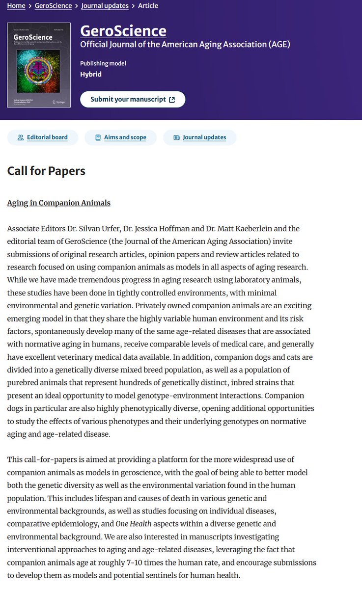 GeroScience (@geroscienceage) on Twitter photo 🎉 Great news! <a href="/GeroScienceAGE/">GeroScience</a> wholeheartedly supports the <a href="/DogAgingProject/">Dog Aging Project</a> 🐶. We're committed to backing <a href="/mkaeberlein/">Matt Kaeberlein</a>'s initiative for ongoing funding of this innovative program. Our journal eagerly awaits the results to feature in a special #CallForPapers. Stay updated 📃: 🎉 Great news! <a href="/GeroScienceAGE/">GeroScience</a> wholeheartedly supports the <a href="/DogAgingProject/">Dog Aging Project</a> 🐶. We're committed to backing <a href="/mkaeberlein/">Matt Kaeberlein</a>'s initiative for ongoing funding of this innovative program. Our journal eagerly awaits the results to feature in a special #CallForPapers. Stay updated 📃:
