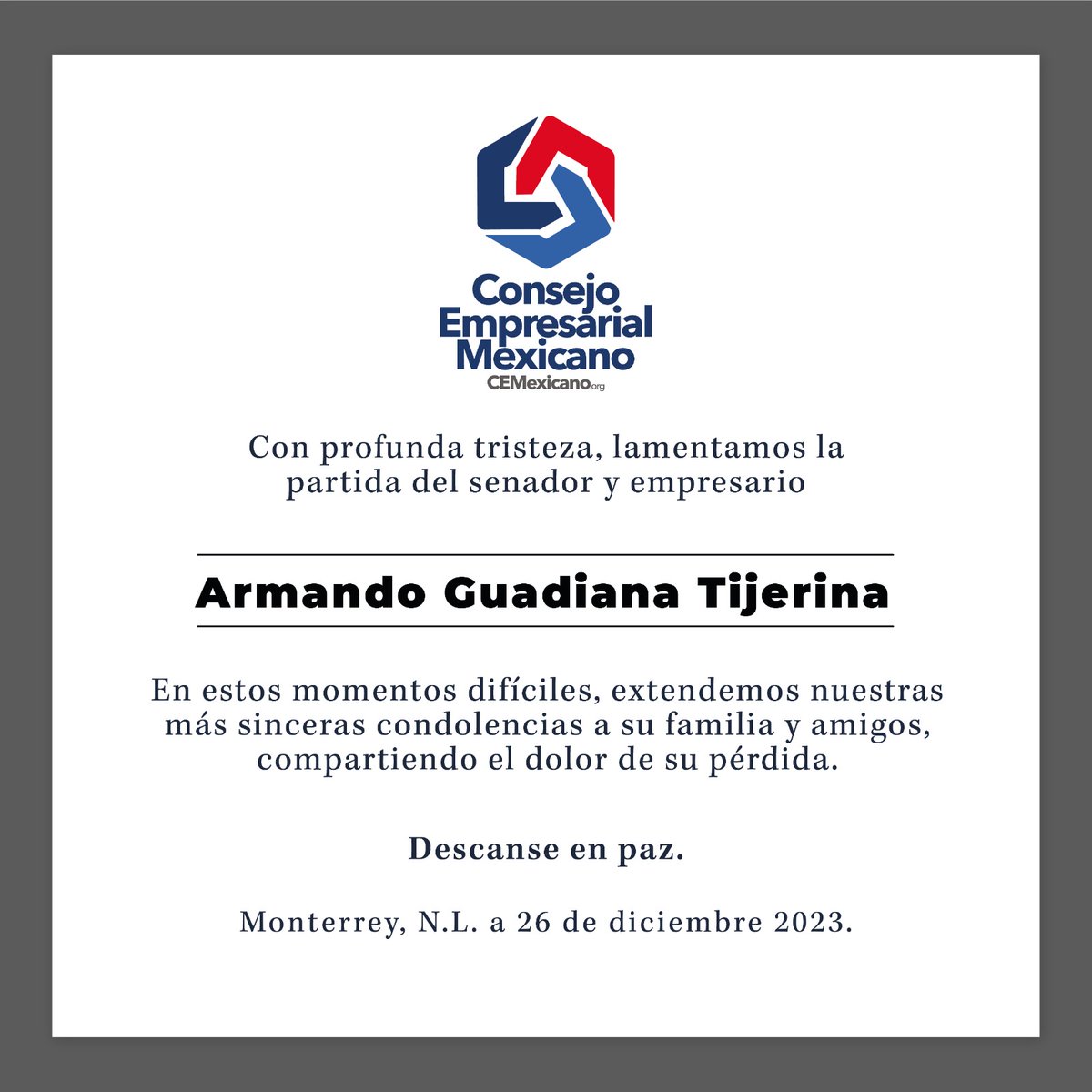 CEMexicano's tweet photo. Con profunda tristeza, lamentamos el fallecimiento del senador Armando Guadiana Tijerina. Recordamos con aprecio su participación el 1 de diciembre de 2021 en una de nuestras reuniones, donde junto con diputados y senadores, escuchó la propuesta de energía del CEMEXICANO. https://t.co/xaVybiBLyT