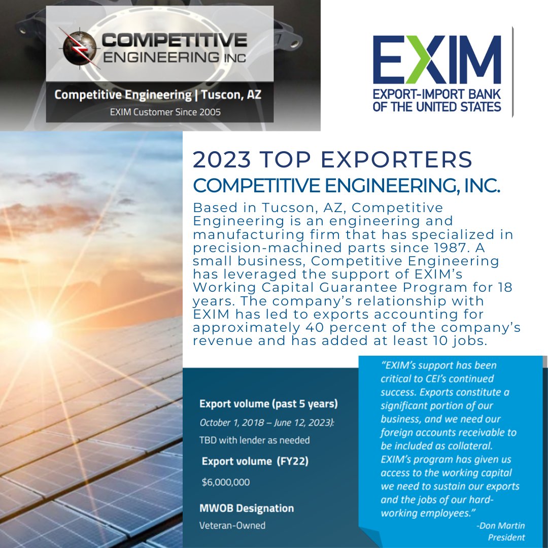 EximBankUS's tweet photo. Excited to highlight another #EXIM23 Exporter of the Year award recipient, Competitive Engineering, as a top exporter of 2023!
This veteran-owned small business uses EXIM's Working Capital Guarantee Program to support their exports, accounting for 40% of the company's revenue! https://t.co/AUJsjfilfO