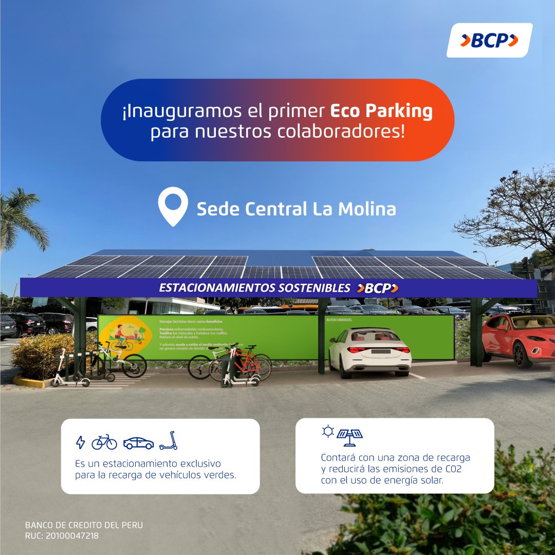 Hace poco se inauguró el primer Eco Parking BCP, un espacio para cargar vehículos eléctricos con energía solar en la sede central del BCP. Un espacio que nos permite seguir en el camino de ser carbono neutral.