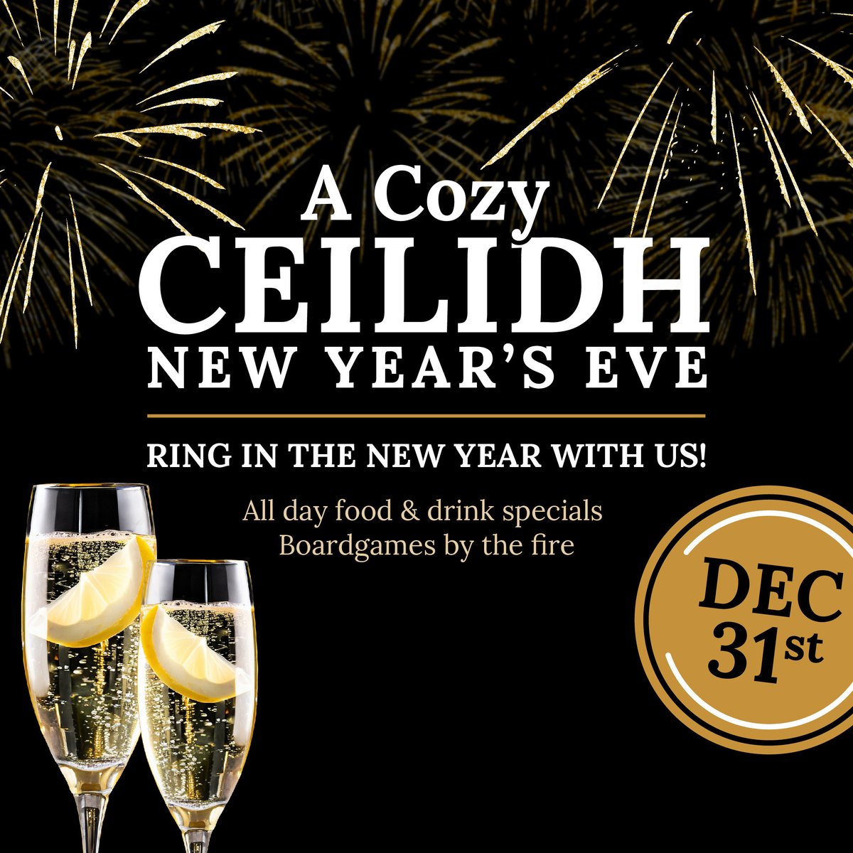 Perfect recipe for a cozy NYE: board games, holiday cocktails, and a few of your best mates next to a warm fireplace. 🔥

1/2 price appies all day and bubbly cocktails like the Celtic 2024 🥂

Gather yer best mates and we’ll bring the bubbly, the games, and the good times 👍🏻