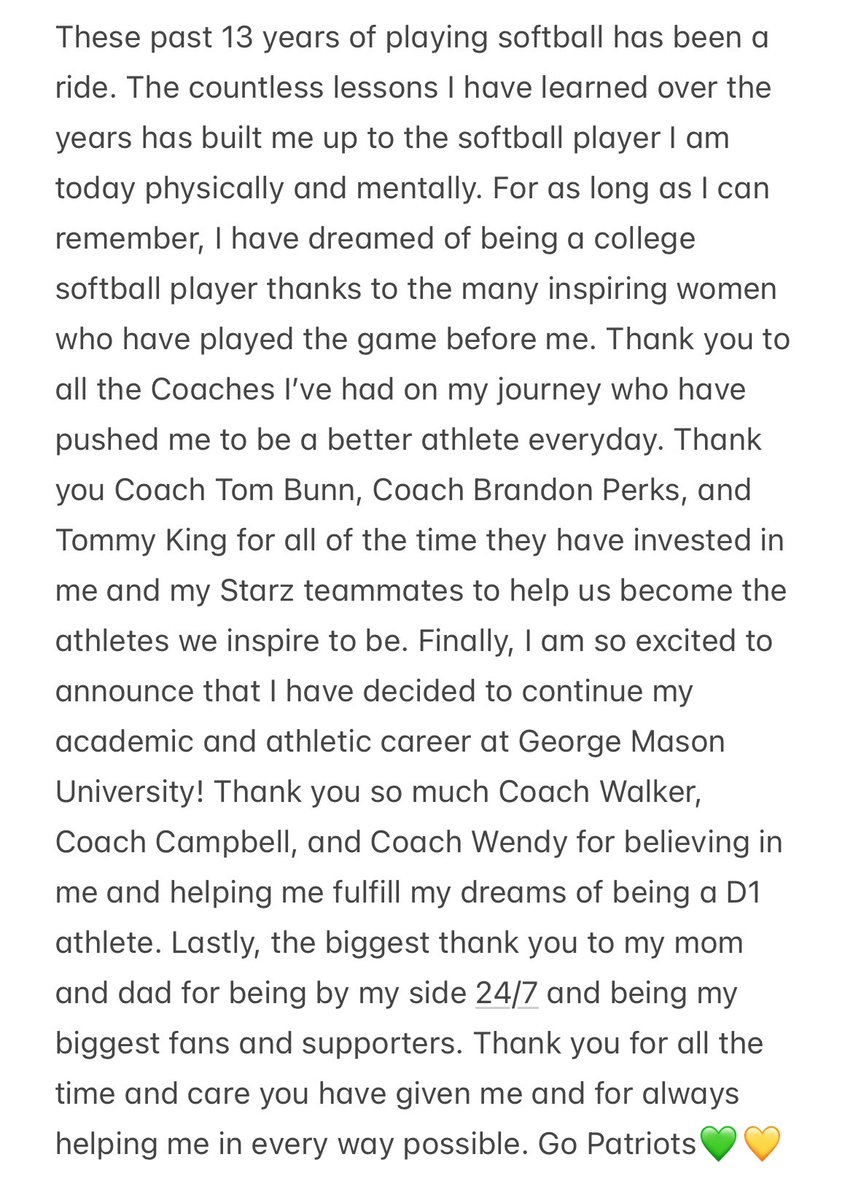 LemastersMaddie's tweet photo. Beyond excited and blessed to announce my commitment to George Mason!! 
GO PATRIOTS💚💛

@MasonSoftball @jmrw20 @cam_hutcherson @CoachWThees @StarzGold_Nat @StarzGold @CoachBrandon24 @KingTK3000 @grandslam2_va https://t.co/A0tHJsLoQp