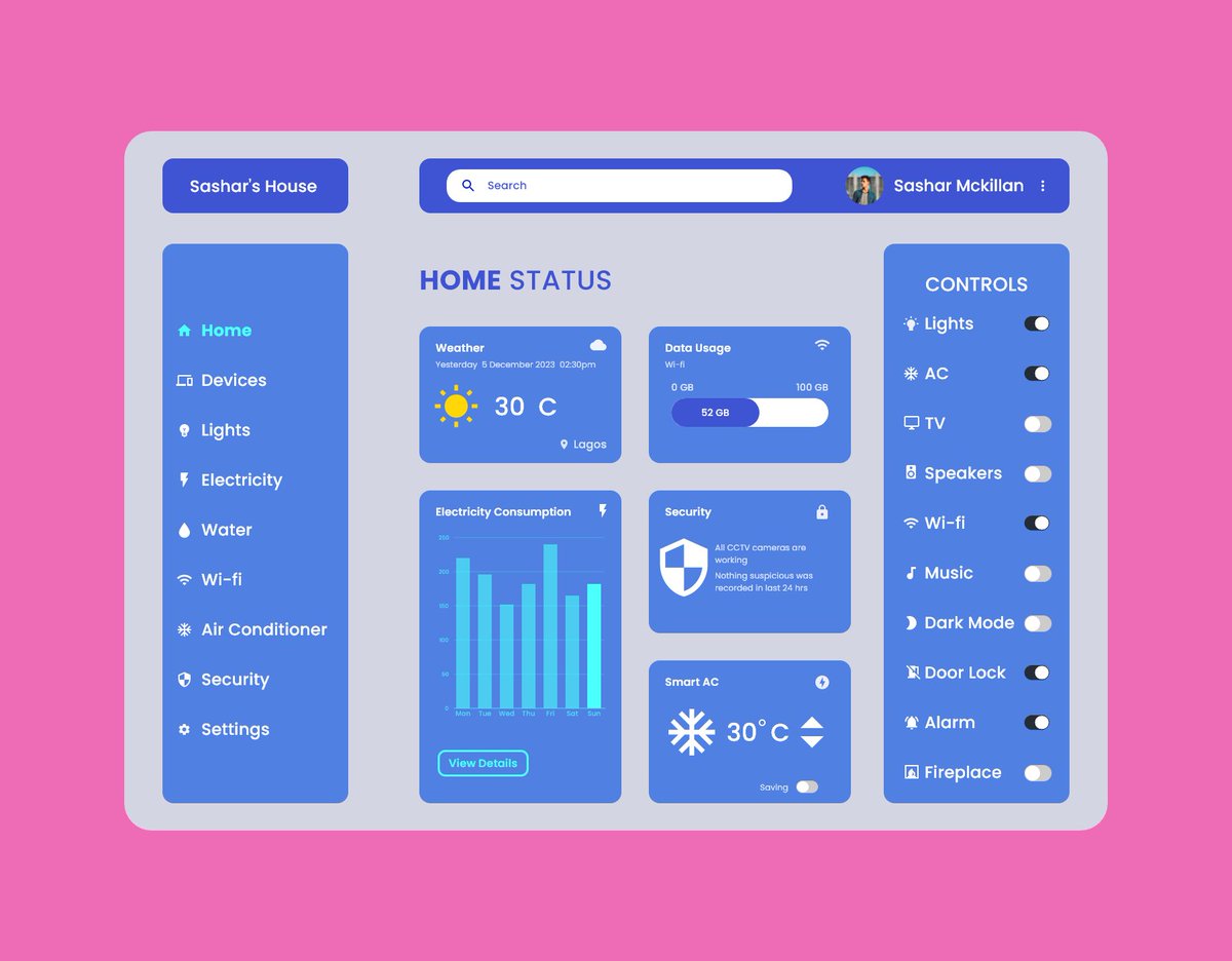 Keeng_basil's tweet photo. DailyUI Design Challenge Day 021 - Home monitoring dashboard.
🙂🙂
The colors tho...🌝
#ui #dailyui #dailyuichallenge #uiuxdesign #uxdesign #uidesign #dailyui021 #dribbble #uiux #websitedesign #userexperience #DailyUI https://t.co/C0PMAdHqhh