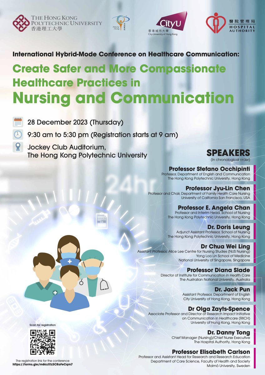 1st International Conference-Create Safer and More Compassionate Healthcare Practices in
Nursing and Communication.
28/12 (Thu) 9-17:30; PolyU JCA,
300+ ppl; 
Nursing, Communication, Linguistics, Education;
Research &amp; Practices
HA, PolyU Nursing, CityU EN
Join us!