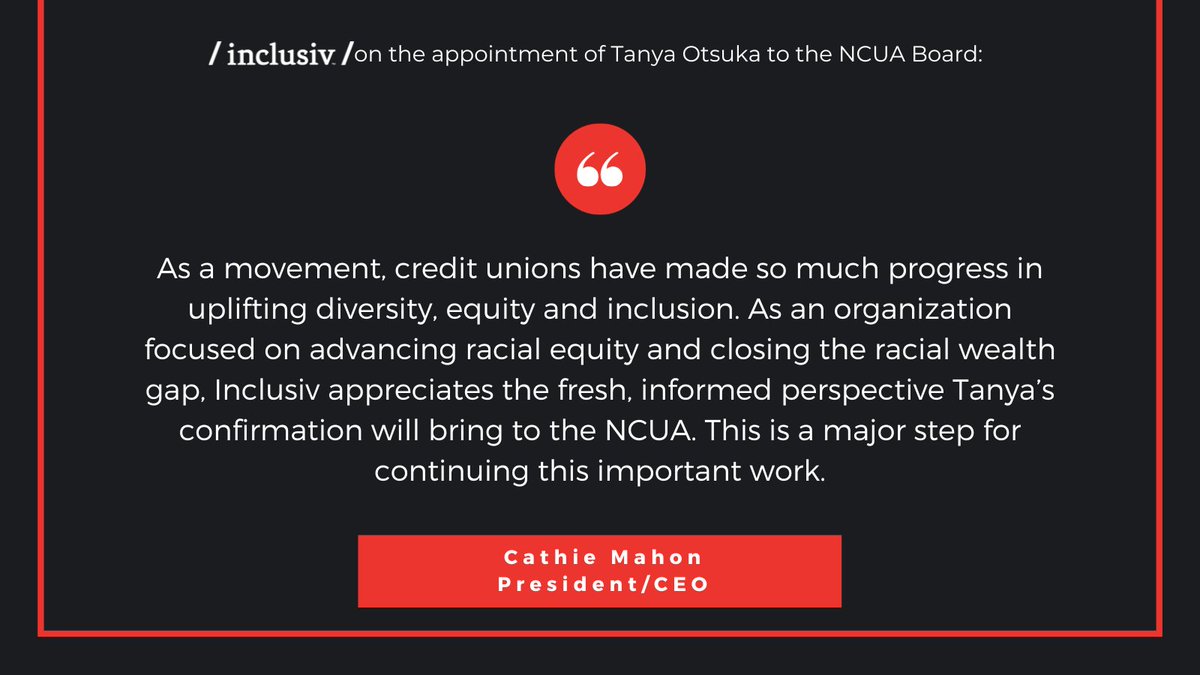 Inclusiv congratulates <a href="/TheNCUA/">The NCUA</a> on the confirmation of Tanya Otsuka to the NCUA Board. Read our full statement here: inclusiv.org/inclusiv-state…