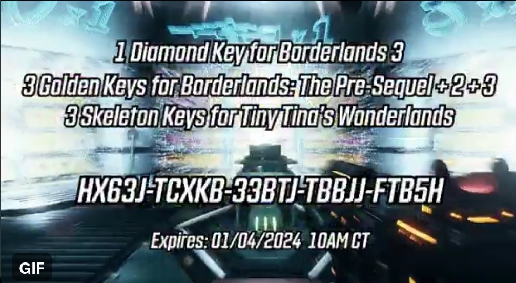 Happy Holidays! This SHiFT code gives free Skeleton Keys and Golden Keys for Wonderlands and Borderlands 2, TPS, 3, and a DIAMOND KEY for BL3: HX63J-TCXKB-33BTJ-TBBJJ-FTB5H Also - you have 2 weeks to redeem in game or at shift.gearbox.com before 1/4/24. Happy looting!