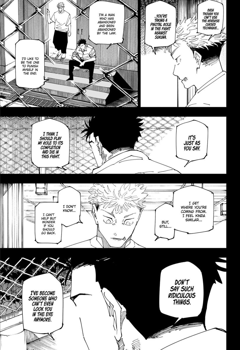 This interaction GUTTED me, it's really fucking heavy to see Mr Self-Hatred himself Itadori Yuji tryna convince someone in the same boat to value his life more. U can tell how completely unequipped Yuji is with giving this kinda advice, the irony here makes his words ring hollow