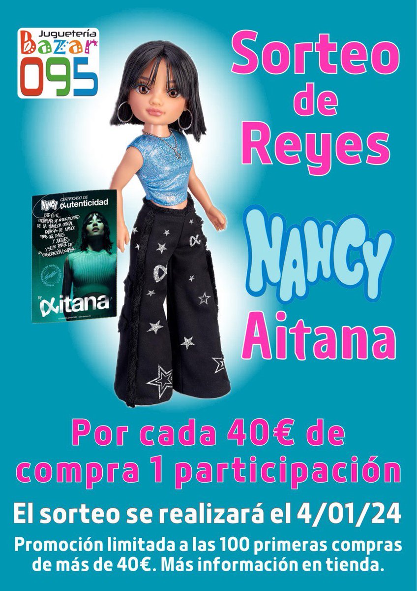 Bazar095's tweet photo. Sorteamos el #juguete más buscado de estas navidades: una @nancyfamosa_es #Aitana. Por cada 40€ de compra en tienda física una participación para el sorteo que se realizará el 4 de enero. Consulta condiciones en tienda. #Lugo #Jugueteria #Sorteo https://t.co/fiUFpg08cj https://t.co/nnLVPgQRaw