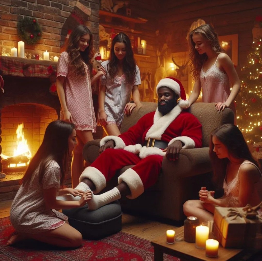 WhiteGirlBlack2's tweet photo. How Santa Relaxes After A Long Night Of Delivering Presents🎅🏾👸🏼👸🏼👸🏼👸🏼🎁
#WhiteWomenBlackMenAIArt https://t.co/EaHteaS09R