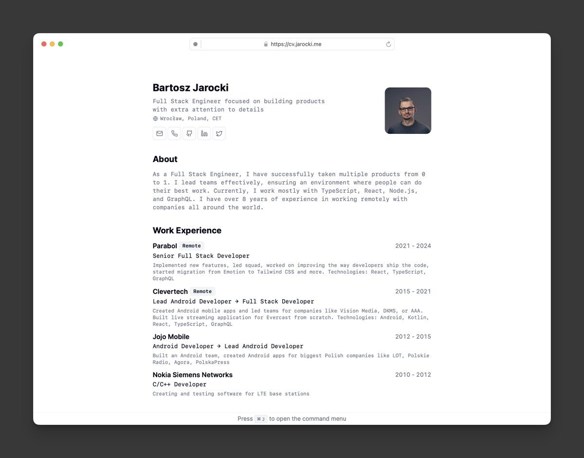 rauchg's tweet image. Nice minimalist print-friendly bio site built with @shadcn &amp;amp; @nextjs.

→ github.com/bartoszjarocki…