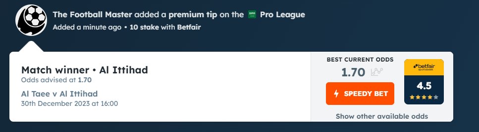 T_Foot_Master's tweet image. "Tuesday's Bet of The Day "   
30 December / Saudi Pro League 
 Al Taee VS Al Ittihad
Al Ittihad to win @ 1.70 @ betfair

#FreePick #BOTD