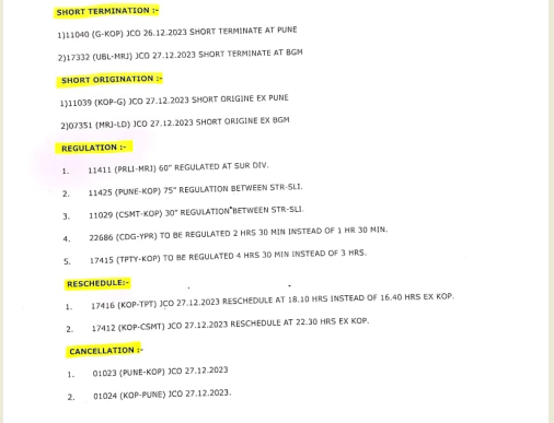 drmpune's tweet photo. @RailMinIndia @Central_Railway  Due to preparatory work to be carried out in connection with the doubling work in Sangli-Miraj section, following trains will be affected on 27/12/2023. Inconvenience caused is deeply regretted. https://t.co/x6yuP10bi3