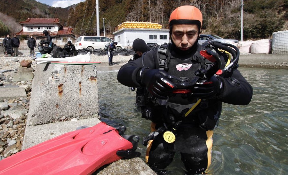MorbidKnowledge's tweet photo. In 2014, a 57-year-old Japanese man called Yasuo Takamatsu learned how to SCUBA dive specifically so he can look for his wife's remains after she was presumably swept away during the 2011 tsunami. He says her last email to him was "I want to go home", and he is determined to make that happen. As of 2022, he still remains searching and given up hope.