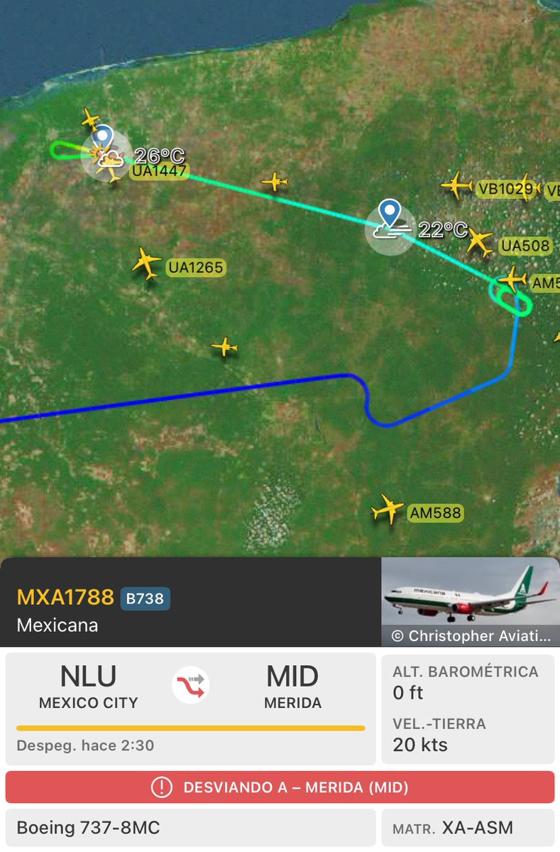 Aviationmex's tweet photo. Vuelo inaugural de Mexicana de Aviación del @aifaaero a Tulum. El @Boeing 737-800 XA-ASM @SEDENAmx (FAM3526), MXA1788 salió rumbo a Tulum sin embargo se desvió a Mérida @ASURMexico sin que al momento se conozca el motivo. 2 vuelos de @Aeromexico y @VivaAerobus  si aterrizaron. https://t.co/537kOfSG8p