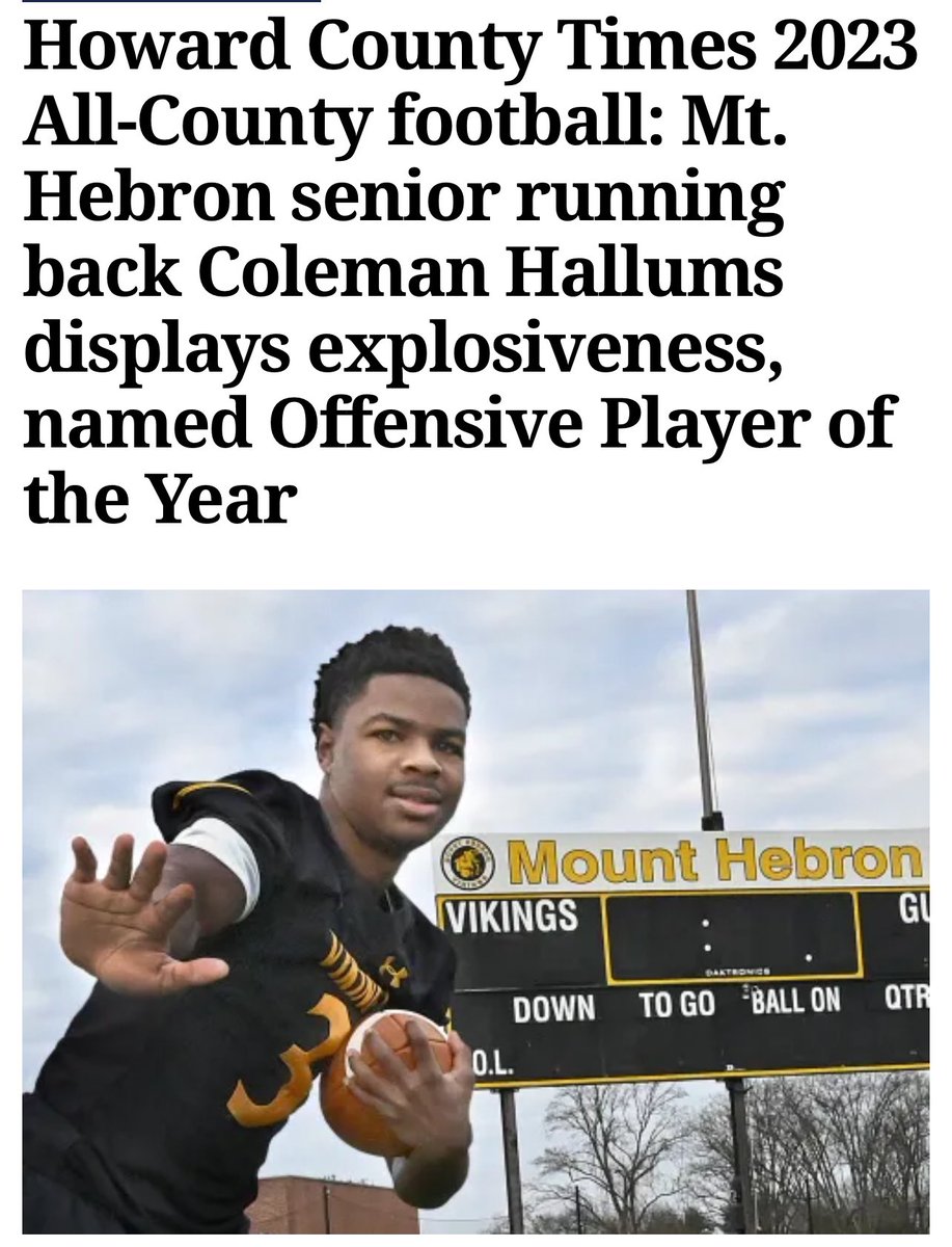 🌟 Unsigned Playmaker 🌟

🎓: 2️⃣0️⃣2️⃣4️⃣
🏈: RB/WR 
🗣: Christian Hallums 
📏: 5’8” 170 lbs 
🏃🏿: 4.44 - 40 yard dash 
🥇: 10.87 - 100 M
📚: GPA: 3.8 Core ✔️
📚: SAT: 1200 ✔️
🎥: Senior Highlights ⬇️
hudl.com/video/3/157235…
🐤: <a href="/coleman_hallums/">Christian Hallums</a>
🏫: Mount Hebron HS MD)