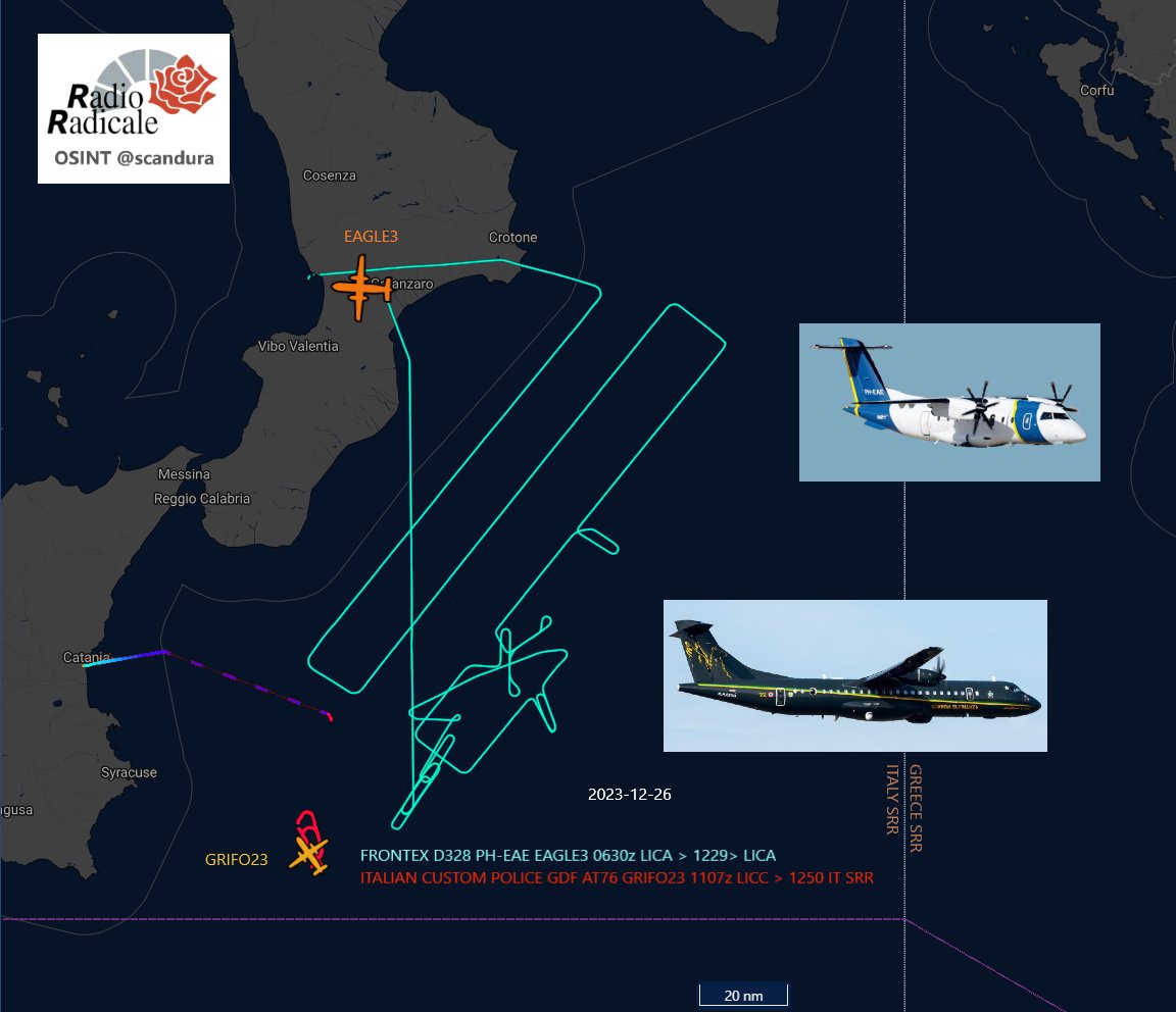 scandura's tweet photo. 🔴Tracciati significativi: numerose orbite di intercettazione target in area SAR

🔳 Quadrante #MarIonio
🛩️Frontex #EAGLE3🇪🇺
🛩️GDF #GRIFO23 🇮🇹

🔳 Quadrante #Lampedusa SW↙️S⬇️ 
🛩️Frontex #EAGLE2 🇪🇺
🛩️Frontex #OSPREY1🇪🇺

📍 OSINT Radio Radicale

#Tunisia #Libia #Turchia #Migranti https://t.co/4GWDAYfkZT