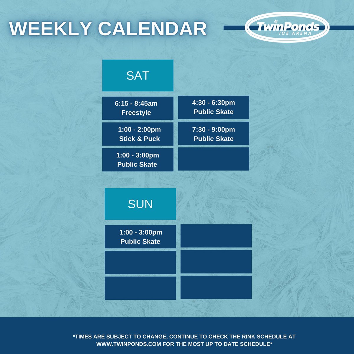 Winter break boredom? 

Not on our watch! Bring the kids to our drop-in programs at the rink for a winter wonderland of fun on the ice. Let's turn those chilly days into unforgettable memories! Lace up, join the excitement, and let the adventures begin!

twinponds.com/master-schedul…