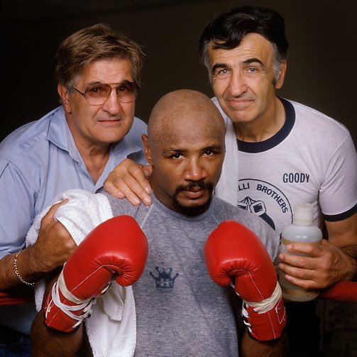 Marvelous Marvin Hagler with Pat and Goody Pentronelli, his two-person training and management team.