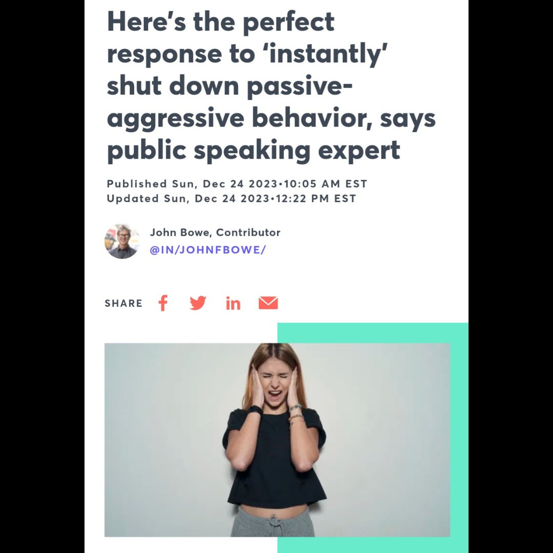 John Bowe (@johnfbowe) on Twitter photo How do you defend yourself against passive aggressive behavior? Here's a strategy for politely shutting it down from CNBC.
cnbc.com/2023/12/24/7-w…
This January, I'm offering a 4-part virtual workshop on public speaking.
johnfbowe.com/4-part-workshop
#publicspeaking #newyearnewyou How do you defend yourself against passive aggressive behavior? Here's a strategy for politely shutting it down from CNBC.
cnbc.com/2023/12/24/7-w…
This January, I'm offering a 4-part virtual workshop on public speaking.
johnfbowe.com/4-part-workshop
#publicspeaking #newyearnewyou