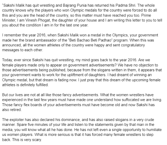 ShyamSportsGuy's tweet photo. Full English translation of Vinesh Phogat's letter to the Prime Minister.

She wrote "I'd dreamt of winning an Olympic medal, but that dream is fading now" and that "every woman wants to live life with respect."

https://t.co/euWIAazMiG https://t.co/9ukS1vJQau