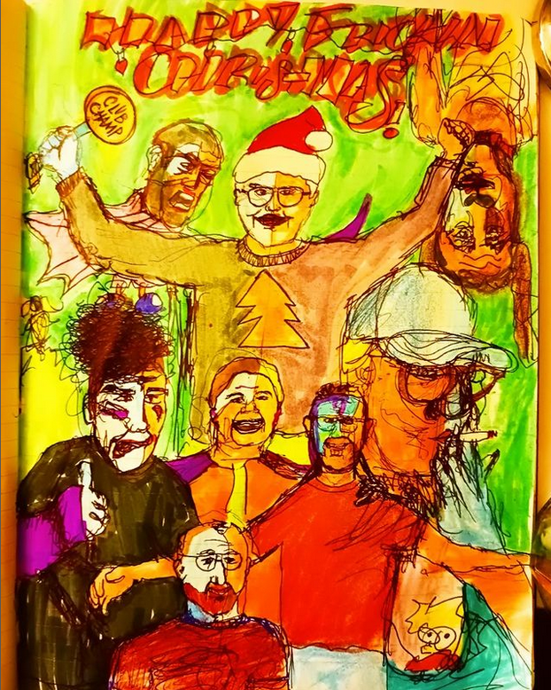 AnRoinnUltra's tweet photo. Seasons Greetings from #sligocomedyclub ...anticlockwise from middle: Heidi Stemp, myself, Terry Markey, Joe Fogarty, Dara McKenna, Philip Steels, Julie Gillen & Dogsbody -hopefully see ye somewhere for live messing in '24 (Artwork by Jay Starliper) #irishsciencefiction https://t.co/fYxbdkSsX6