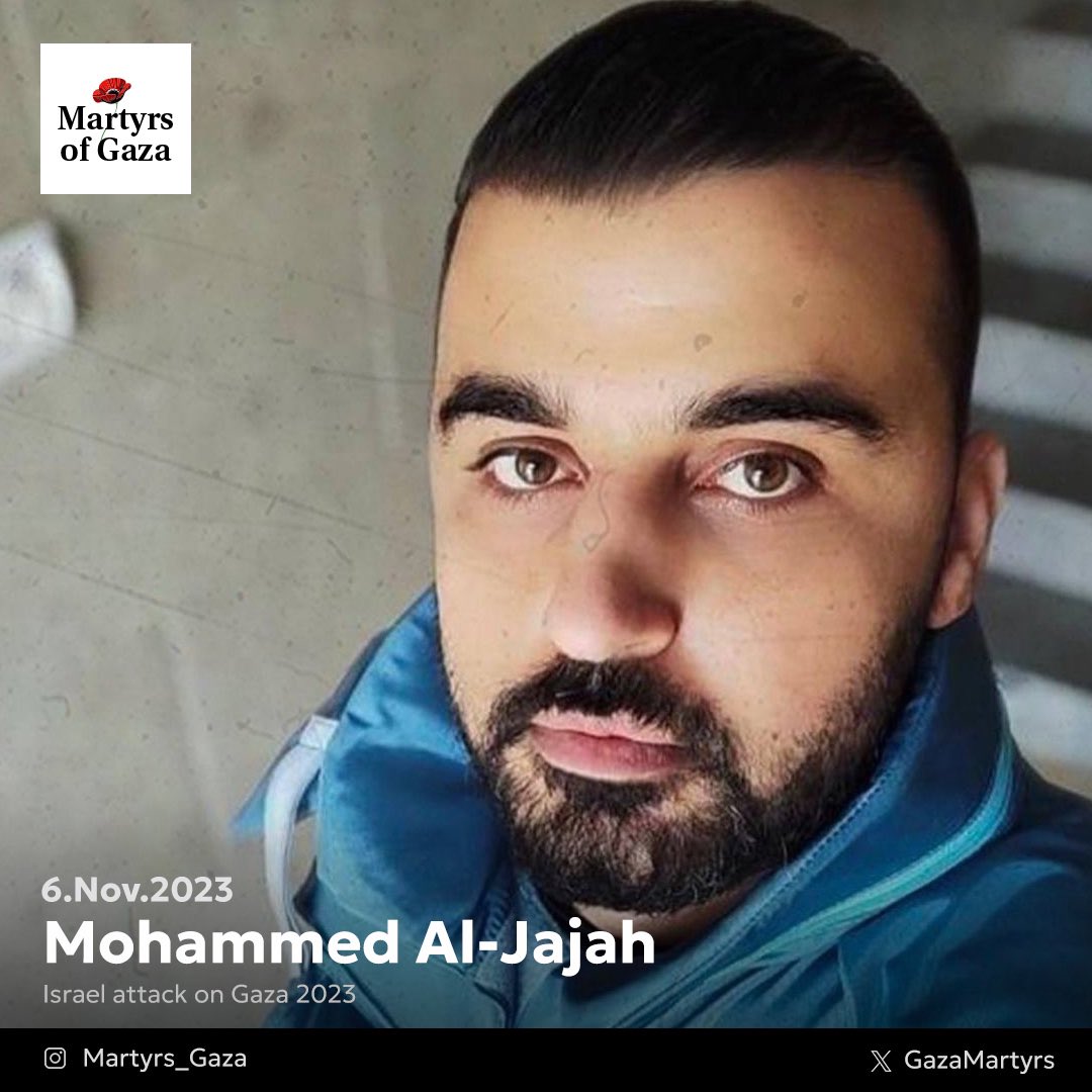 GazaMartyrs's tweet photo. The martyr journalist Mohammed Al-Jajah.

He was a friend, brother, teacher, colleague, and guide. Mohammed used to say, "I have visited 30 countries in Europe and elsewhere, but there is nothing better and more beautiful than Gaza. Mohammed was a leader in civil society in Gaza and an advisor to various international and local institutions."
His friend Ahmed Al-Madhoon says about his daughter Sham, who was martyred with him:
"When we used to meet, his daughter Sham would bring us juice, and we would accompany her to buy snacks for school. We would talk about her intelligence and how much she resembled him. He saw a part of himself in her."

Mohammed and his daughter Sham were martyred in an Israeli airstrike on their home on November 6, 2023. His wife, son, and several relatives also lost their lives.