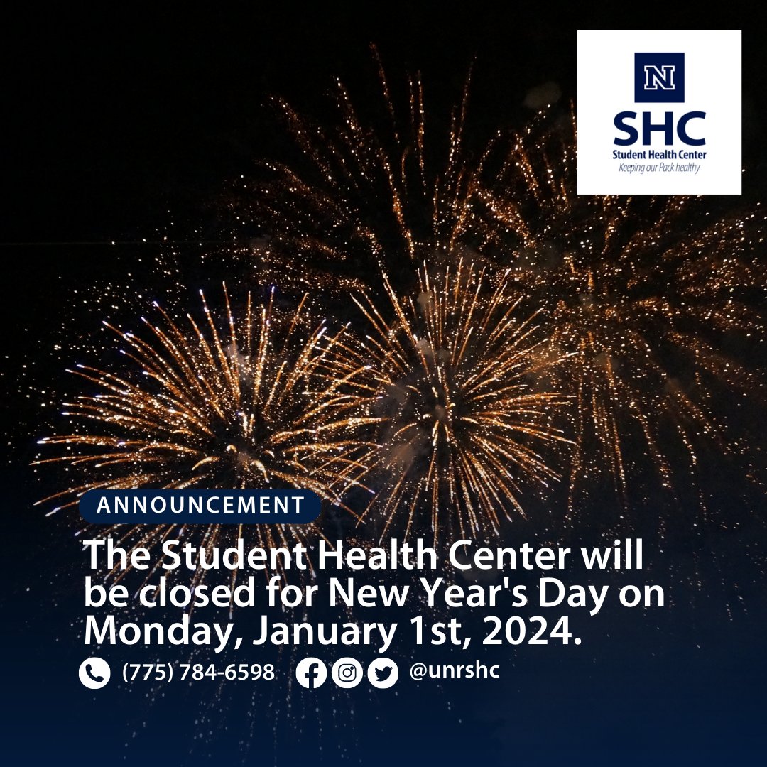The Student Health Center will be closed on Monday, January 1st, 2024 in observance of the New Year's Day holiday. We will be open and resume normal business hours on Tuesday January 2nd. Please call our office with any questions or concerns.