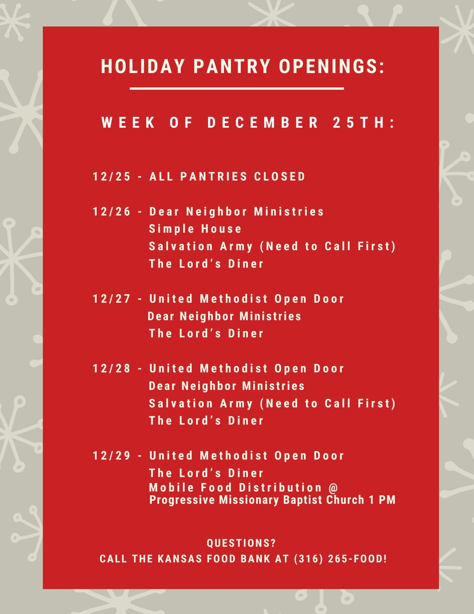 Here's this week's mobile schedule - please see the openings list for Wichita area pantries this week. For outside of the Wichita area, go to kansasfoodsource.org and click on your county, and double check their holiday hours before you go.
