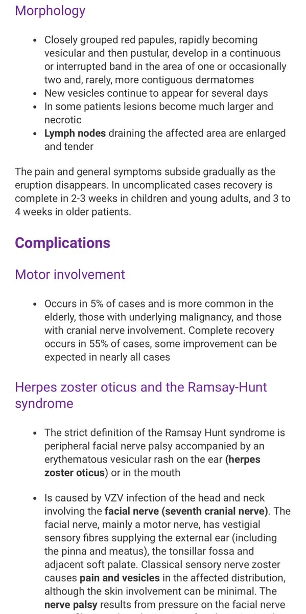 You9F_'s tweet photo. الحزام الناري أو الهربس النُطاقي🟣
Herpes zoster or shingles 

🔺طفح جلدي مؤلم بسبب عدوى فيروسية 
🔺ناجمة عن إعادة تنشيط الفيروسvaricella-zoster
🔺 يتسبب في ظهور طفح جلدي مؤلم من البثور الممتلئة بالسوائل، ويؤدي في بعض الأحيان إلى حدوث ألم مزمن في المنطقة المصابة بالعدوى.

العلاج:

❇️ عبارة عن حبوب مضادة للفيروسات مثل Acyclovir او Valacyclovir لمدة ٧ أيام
❇️ قد يستخدم معها كورتيزون عن طريق الفم لتسريع الشفاء وتقليل الالم المصاحب
❇️ باراسيتامول أو بروفين 

للمزيد👇