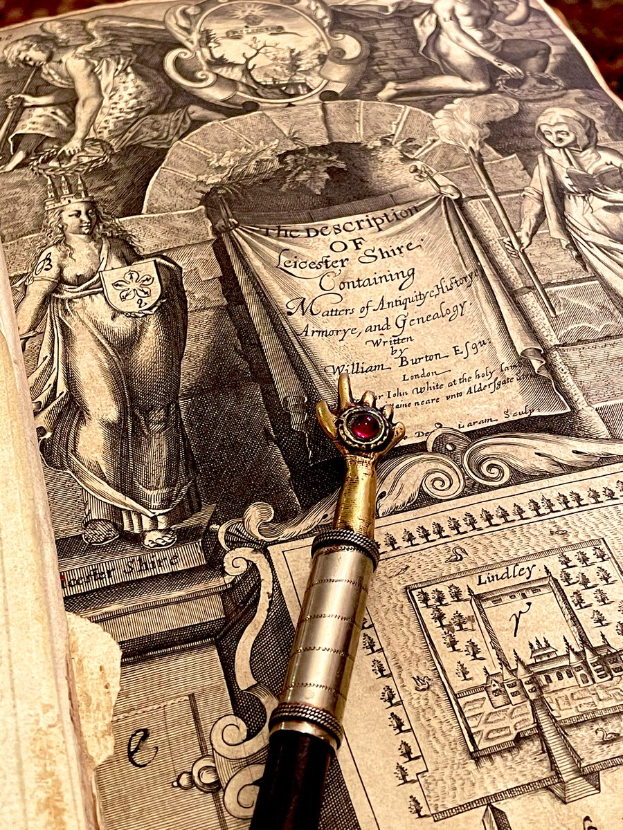 NatisArms's tweet photo. Is this a portrait of Earl of Lancaster? Or is this one of the Ferrers of Groby? Maybe a member of #Zouch? Segrave? 
Someone who owned this “The Description of #Leicestershire” by W. Burton (1622), must have tried to draw a portrait of one of the nobles blazoned here. #heraldry https://t.co/EZynNPbIZe
