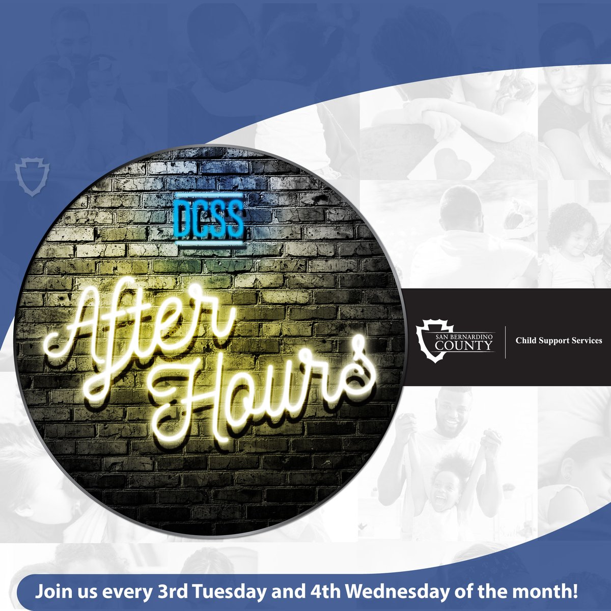 SBCoDCSS's tweet photo. Hours of service 4pm - 7pm

DCSS after hour services at Fontana, Hesperia, Highland libraries. 

Child Support Services staff will be at the library to provide information and one on one assistance to address child support questions. https://t.co/J1acWeflny