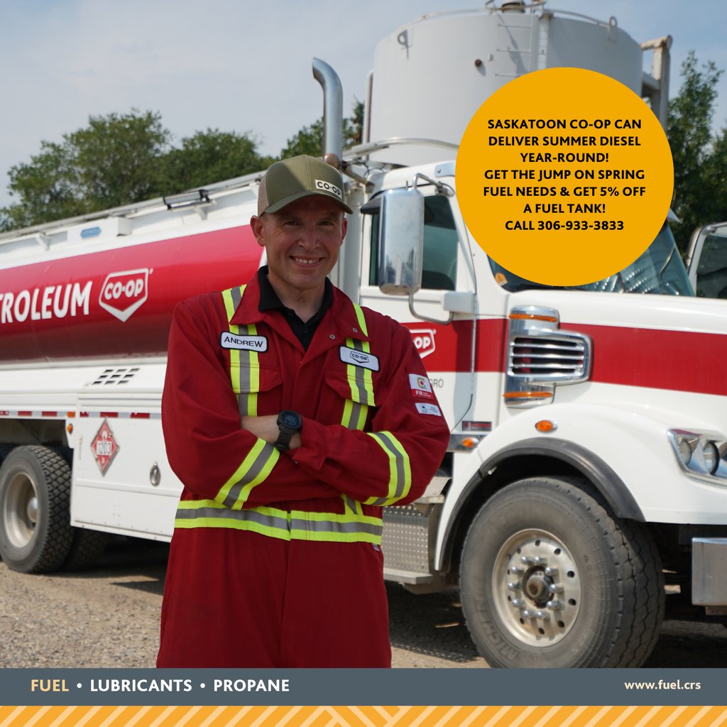 agrocoop_yxe's tweet photo. We know it's technically winter, but you can still book your summer diesel through our Bulk Fuel division and get it delivered! Bonus - if you order now, you can get 5% off a fuel tank! Call 306-933-3833 to learn more today! https://t.co/Xsnc9Fr5rY