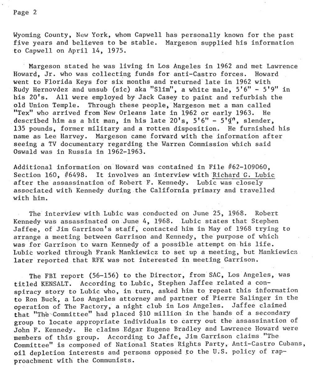 timfattig's tweet photo. The #HSCA reviewed the #FBI file on #LawrenceHoward, a West Coast anti-Castro activist who worked with #INTERPEN and #LoranHall at different times. The file contained the claim of Richard M. Margeson, who said he was working with Howard in Los Angeles in late 1962/early 1963 and through Howard met one “Tex,” from New Orleans, “former military and a rotten disposition.” The man “furnished his name as Lee Harvey.” #LeeHarveyOswald #JFKAssassination
