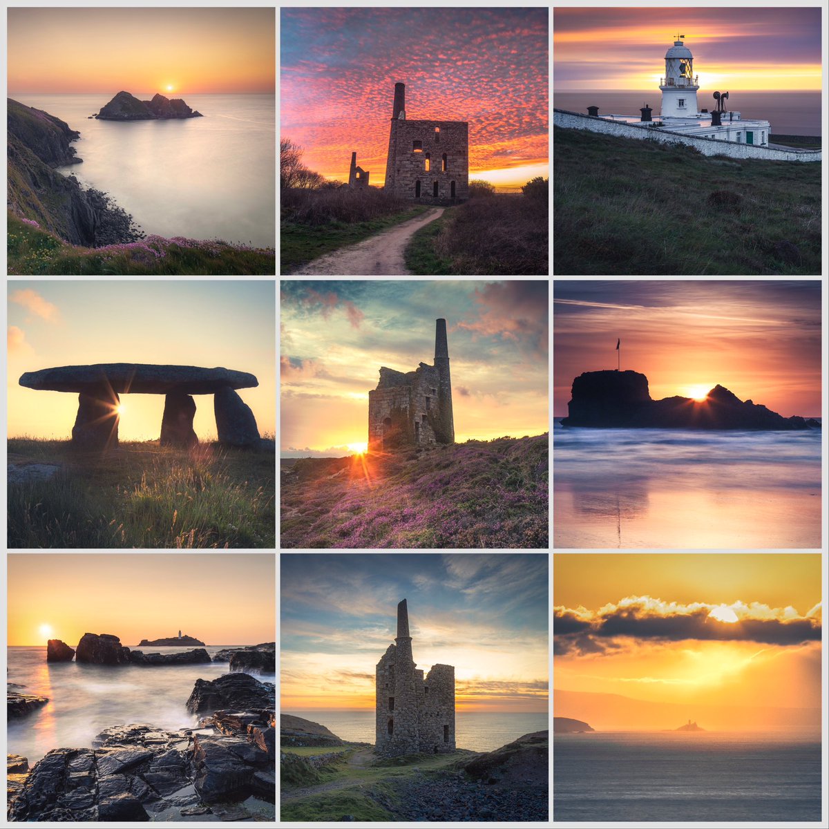 Sunset collage from 2023.
Holywell Bay 
Pascoe’s engine houses at South Wheal Frances 
Pendeen lighthouse 
Lanyon Quoit
Johns pumping engine house at Porthtowan 
Chapel Rock at Perranporth 
Godrevy lighthouse 
West Wheal Owles 
Godrevy lighthouse!!
#Cornwall #photography