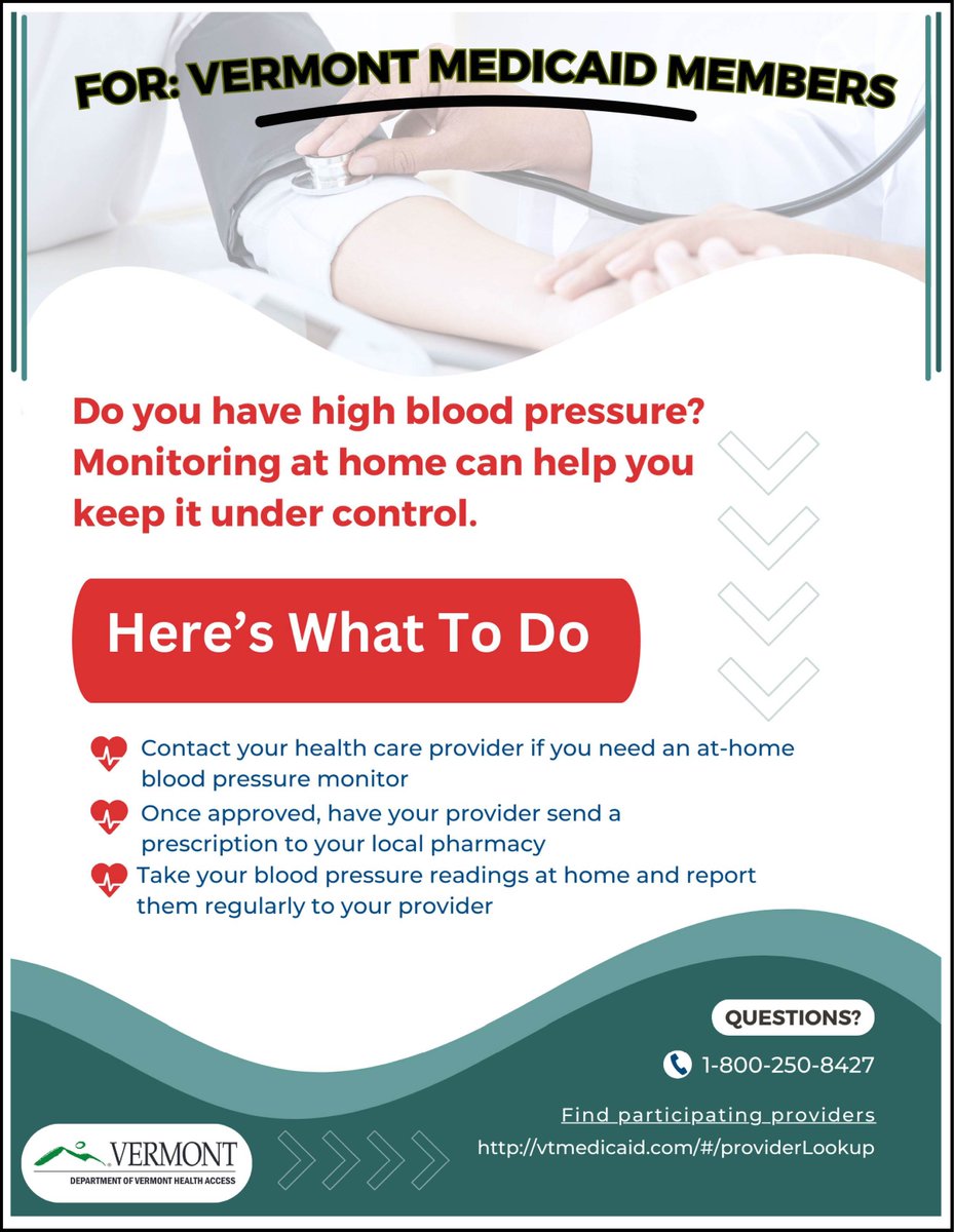 Vermont Medicaid now covers automatic blood pressure monitors, making blood pressure monitoring more accessible for individuals with hypertension. Medicaid members meeting medical necessity can receive a prescription from their primary care provider: bit.ly/3va1q3k