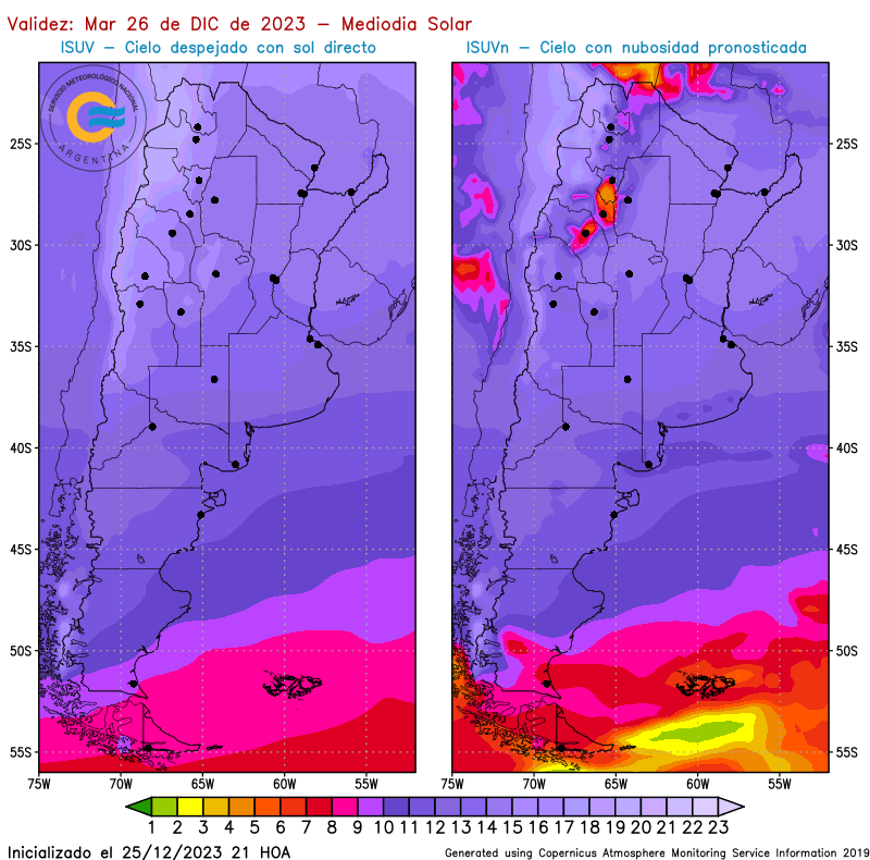 SMN_Argentina's tweet photo. 26 DIC ☀️⚠️ El índice de radiación UV se encuentra en niveles extremos en casi todo el territorio nacional.

🚫 Evitá la exposición solar, especialmente hasta las 16h

Recordá usar:
🧴protector FPS30 o superior
👒gorro 🧢 
😎lentes de sol

Más información:
https://t.co/8BXd0LO7gP https://t.co/0vEFhsu6da