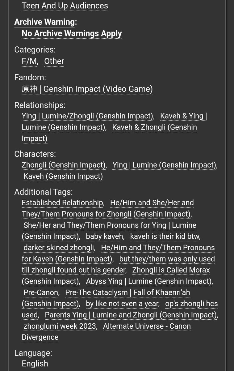 chaotic_moons's tweet photo. Oooo #zhonglumu fic :3

look at my son

Summary:
zhonglumi week 2023 day 1: Kids, royalty au

Lumine misses one of their meet-ups, Morax is worried about her lover till she finds the reason why.

https://t.co/bk9roTOVgF
(Non ao3 link in the comments)
#zhonglumiweek2023 https://t.co/mDlO9aufzR