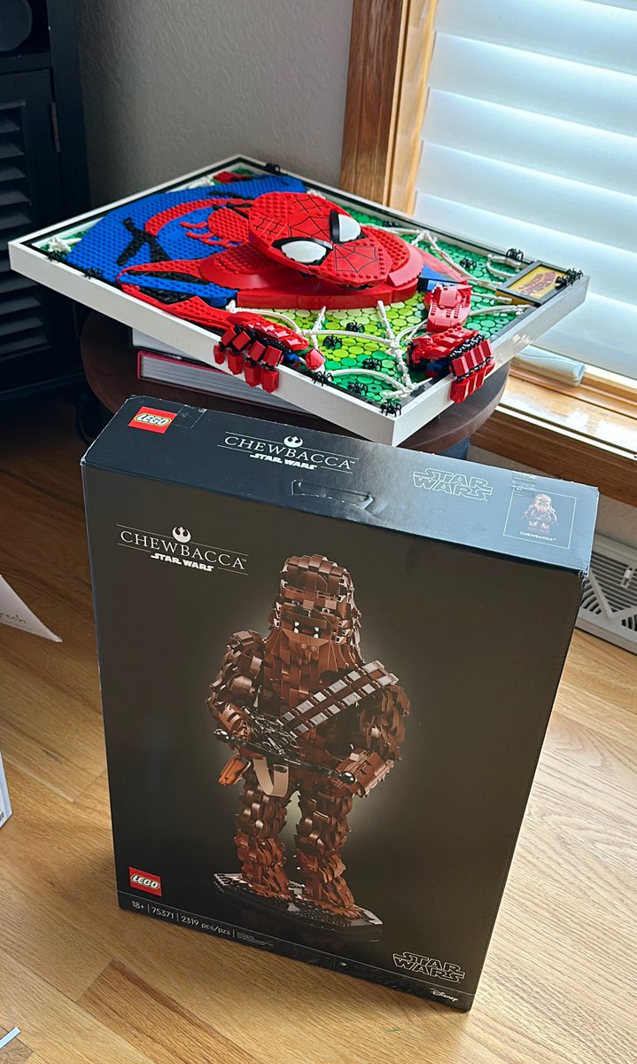 E_Currently's tweet photo. @LEGO_Group Spider-Man wall art built, Chewie on deck! #LEGOBuildDay https://t.co/qoDb40aYBg